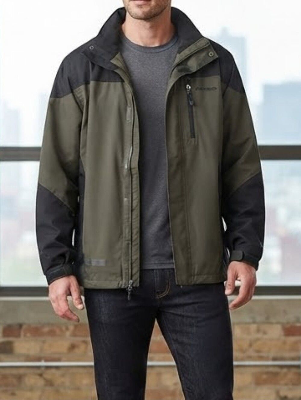 Free Country Men's Olive Green Black Softshell Outdoor Jacket Full Zip XL